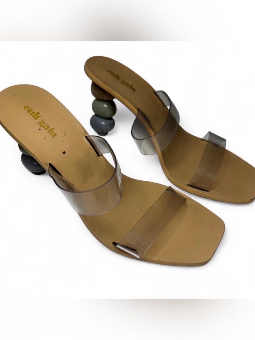 Cult Gaia Gia Sandals Tan Clear PVC Sculptural Bauble Heel Square Toe Size 3